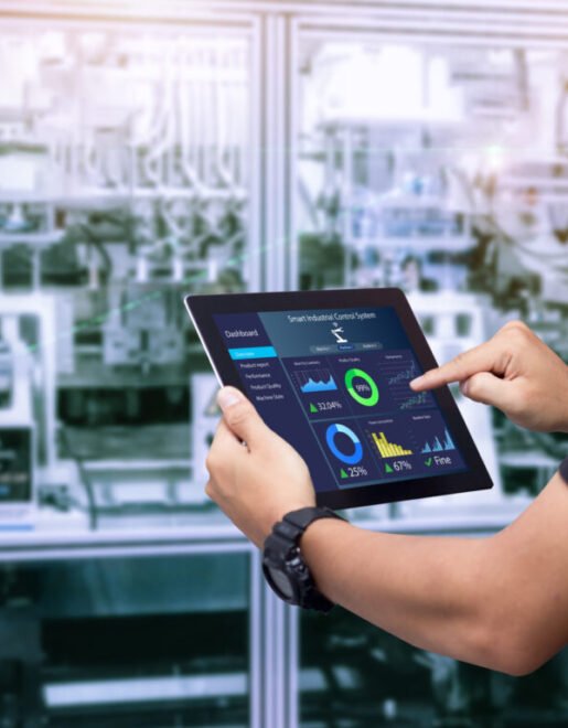 smart industry control concept.hands holding tablet on blurred a