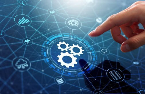 businessman touching gears icon on network connection. businessman touching gears icon on network connection.